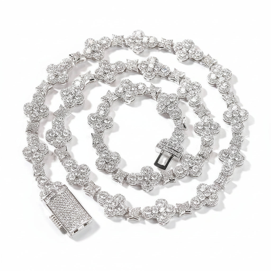 Hip Hop Iced Out Cross Link Chain Bracelet Flower Zirconia Diamond Necklace Women Men Jewelry - Black & White