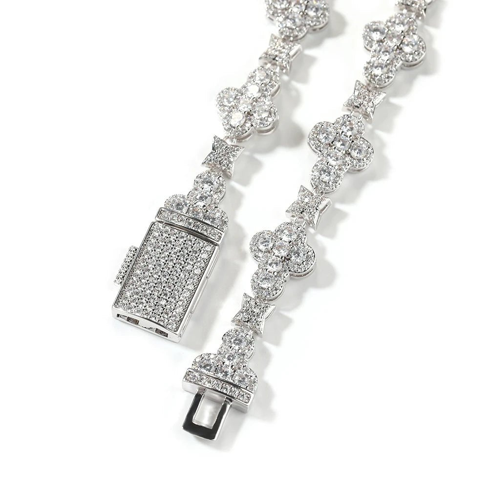 Hip Hop Iced Out Cross Link Chain Bracelet Flower Zirconia Diamond Necklace Women Men Jewelry - Black & White