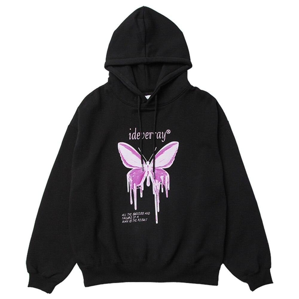 Hoodie Men Purple Gradient Butterfly Letter Printed Pullover Winter Oversize Hip Hop Fashion Harajuku Sweatshirt Winter - Black & White