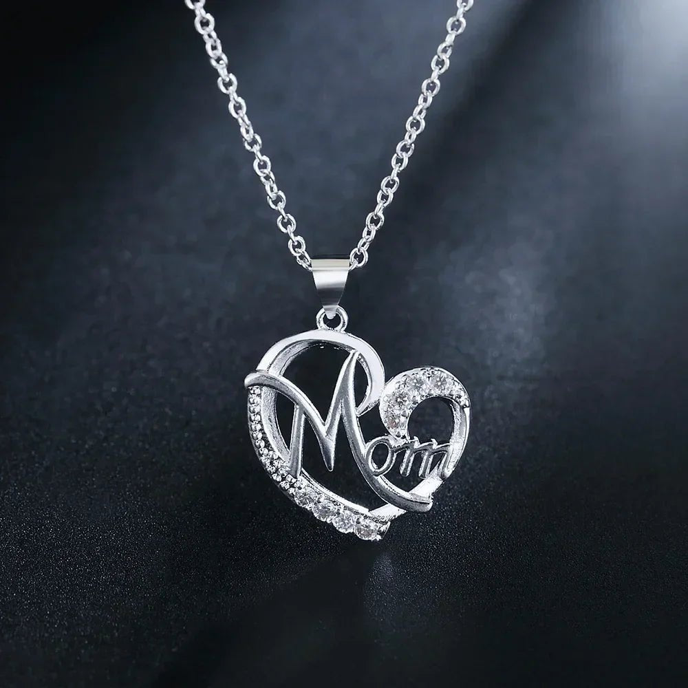 Hot Mother's Day Gifts 925 Sterling Silver Charm Elegant MOM AAA Zircon Heart Pendant Necklace for Women Fashion Brands Jewelry - Black & White