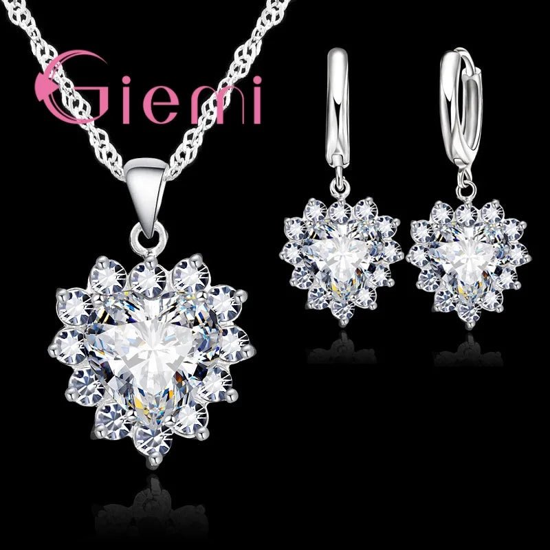 Love Heart Crystal Pendant 925 Sterling Silver Party Jewelry Sets Necklace Earrings For Women Valentine Gifts - Black & White