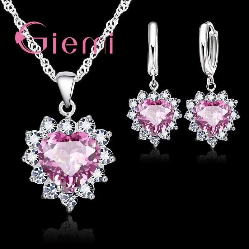 Love Heart Crystal Pendant 925 Sterling Silver Party Jewelry Sets Necklace Earrings For Women Valentine Gifts - Black & White