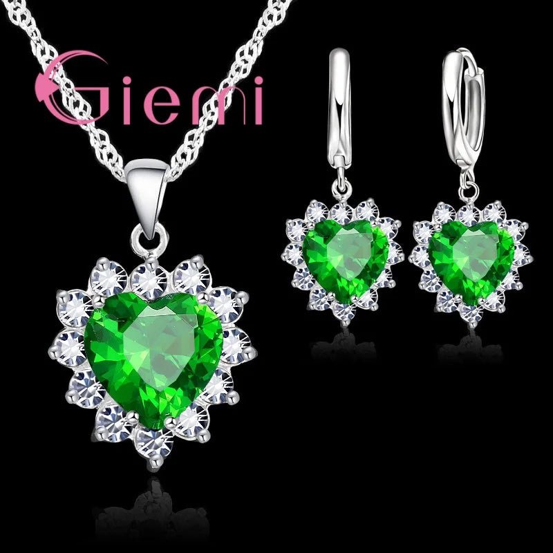 Love Heart Crystal Pendant 925 Sterling Silver Party Jewelry Sets Necklace Earrings For Women Valentine Gifts - Black & White