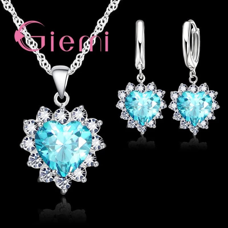 Love Heart Crystal Pendant 925 Sterling Silver Party Jewelry Sets Necklace Earrings For Women Valentine Gifts - Black & White
