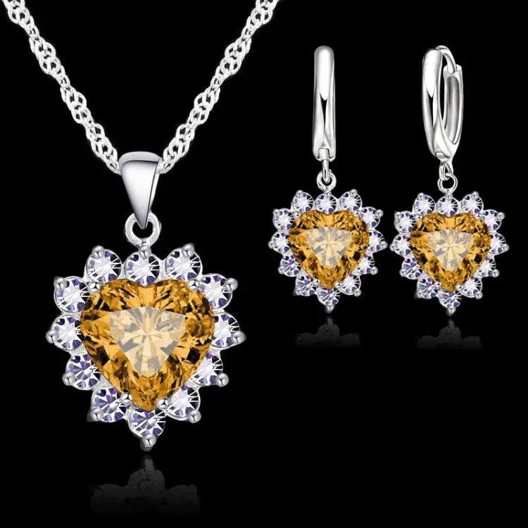 Love Heart Crystal Pendant 925 Sterling Silver Party Jewelry Sets Necklace Earrings For Women Valentine Gifts - Black & White