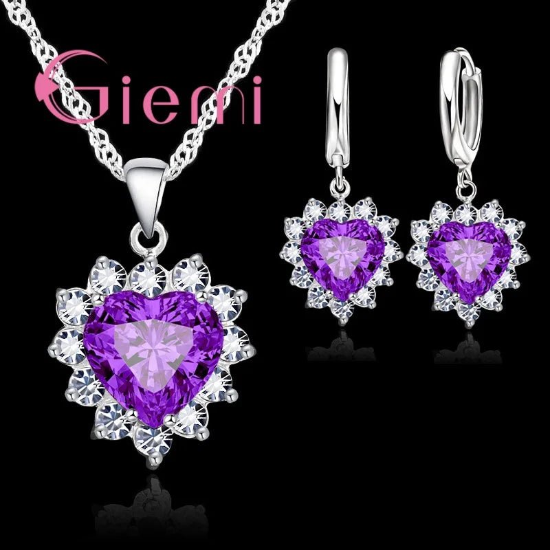 Love Heart Crystal Pendant 925 Sterling Silver Party Jewelry Sets Necklace Earrings For Women Valentine Gifts - Black & White