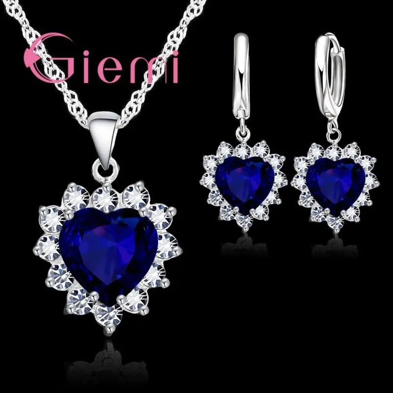 Love Heart Crystal Pendant 925 Sterling Silver Party Jewelry Sets Necklace Earrings For Women Valentine Gifts - Black & White