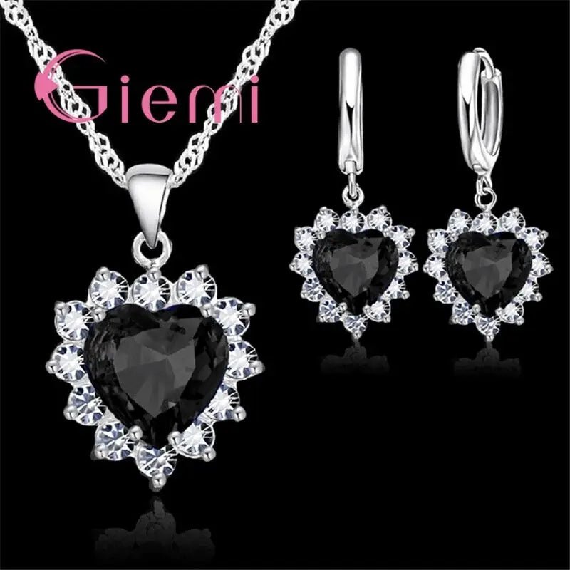 Love Heart Crystal Pendant 925 Sterling Silver Party Jewelry Sets Necklace Earrings For Women Valentine Gifts - Black & White