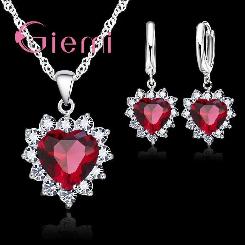 Love Heart Crystal Pendant 925 Sterling Silver Party Jewelry Sets Necklace Earrings For Women Valentine Gifts - Black & White