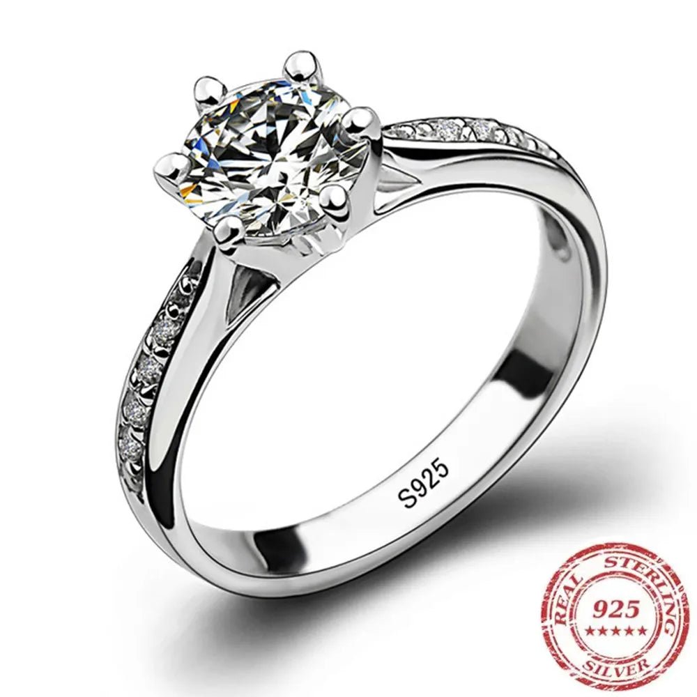 Luxury 925 Sterling Silver Classic Ring for Women Six claw jewelry simple 70ct diamond ring imitation diamond women's ring - Black & White