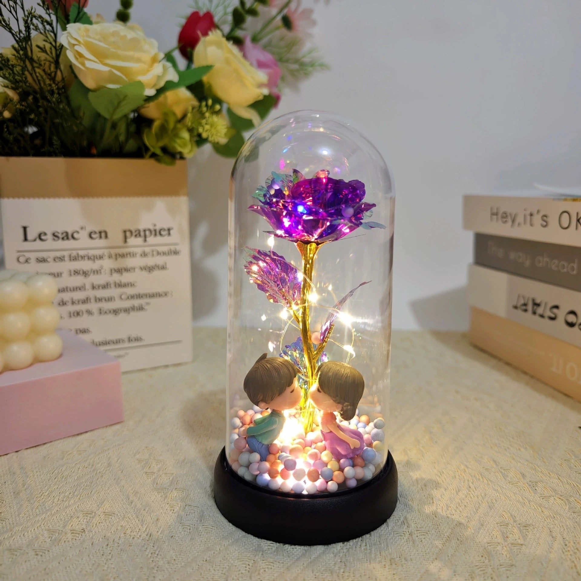 Mothers Day Rose Gifts for Mom, Galaxy Glass Rose Forever Eternal Crystal Flower Light Up Rose in Glass Dome with Butterfly Moth - Black & White