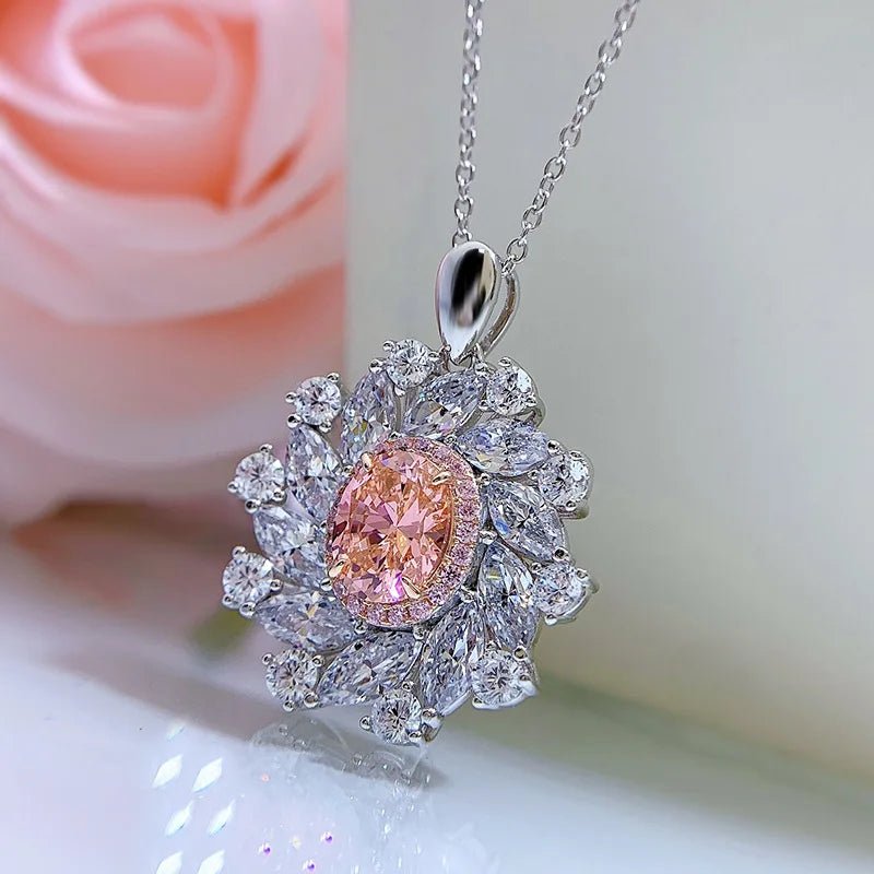 New S925 Silver Oval pink Inlaid Women's Pendant Necklace Niche Light Luxury Exquisite High - quality Wedding Jewelry, Hot Selling - Black & White