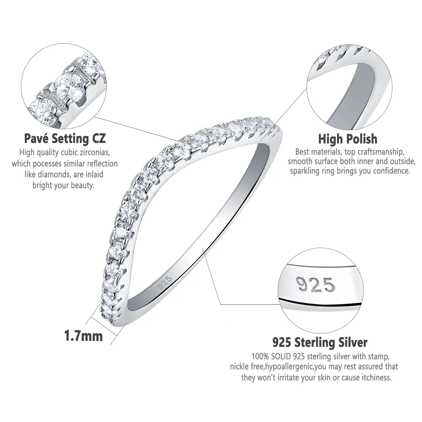 Newshe 925 Sterling Silver Stackable Wedding Band for Women Eternity Rings Curve Wave Design AAAAA Cubic Zircon Jewelry Ring - Black & White