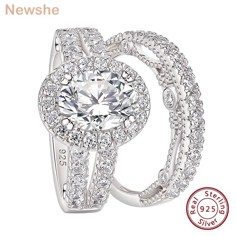Newshe Vintage 4 Carats Oval Cut Cubic Zircon Wedding Engagement Ring Set for Women 5A Grade Solid 925 Sterling Silver Bridal Jewelry - Black & White
