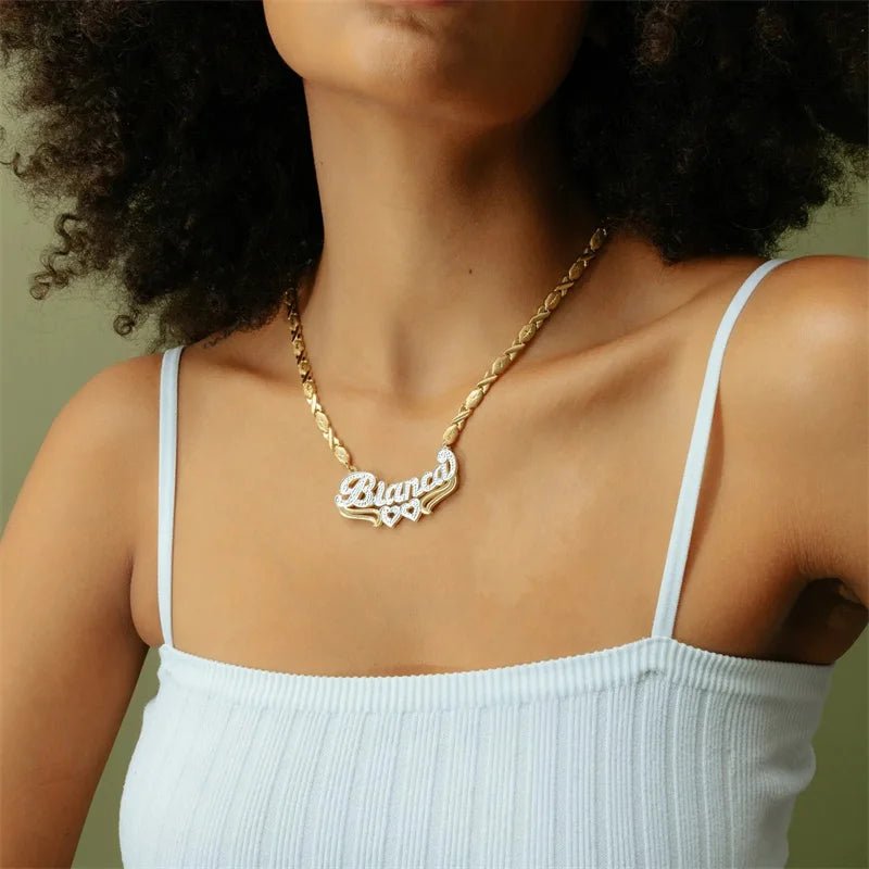 Personalized 18K Gold Name Necklace Custom Double Plated Nameplate Stainless steel Jewelry Gold Pendant For Women - Black & White
