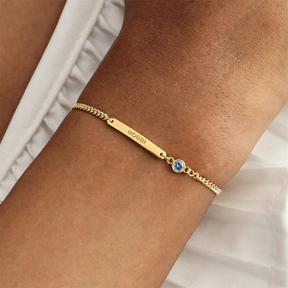 Personalized Birthstone Bar Bracelet Custom Engraved Name ID Bracelets Stainless Steel Adjustable Chain Vintage Jewelry Pulsera - Black & White