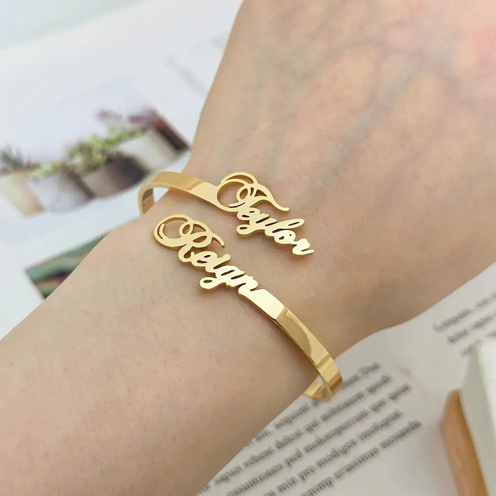 Personalized Double Name Bangle – Dainty Steel Bracelet for Couples - Black & White