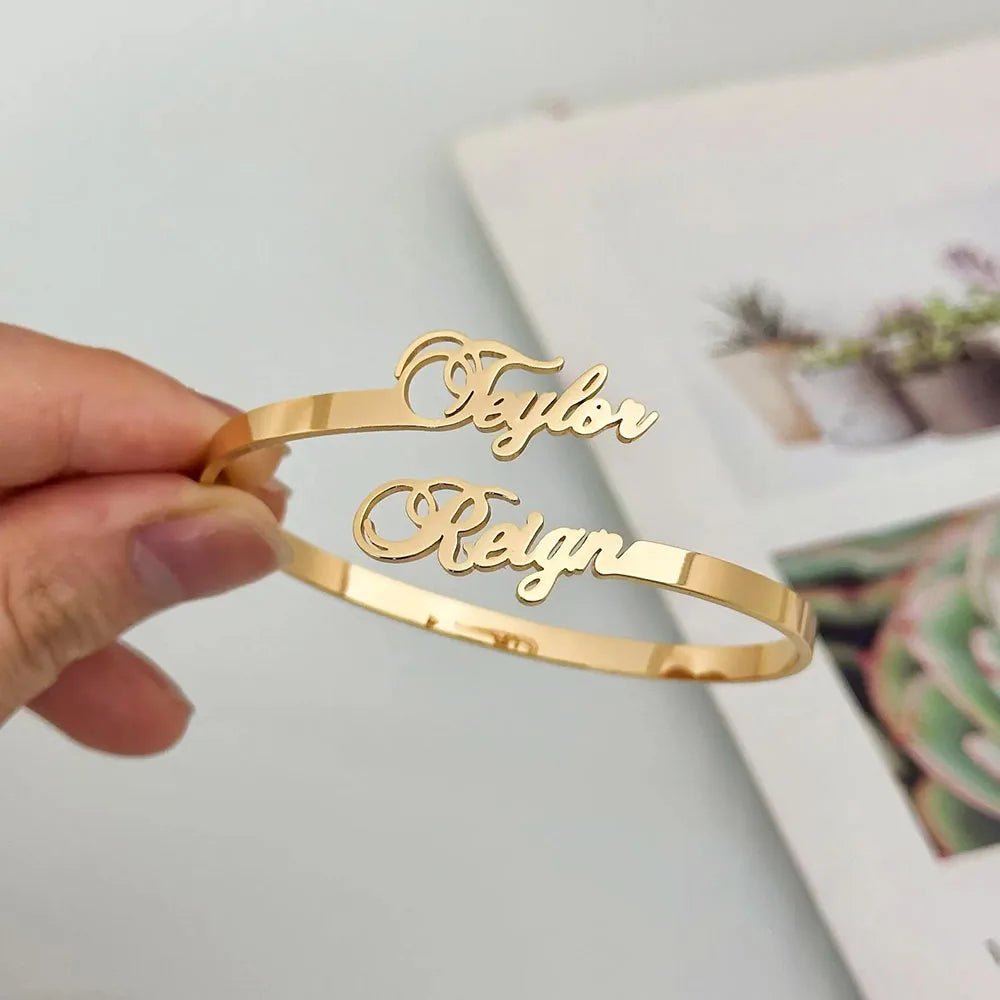 Personalized Double Name Bangle – Dainty Steel Bracelet for Couples - Black & White