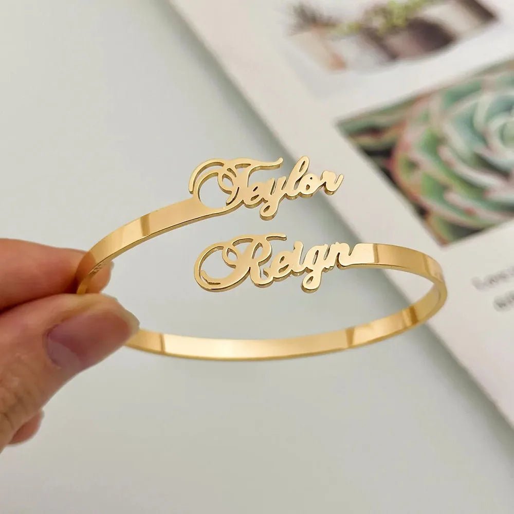 Personalized Double Name Bangle – Dainty Steel Bracelet for Couples - Black & White
