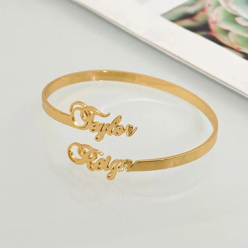 Personalized Double Name Bangle – Dainty Steel Bracelet for Couples - Black & White