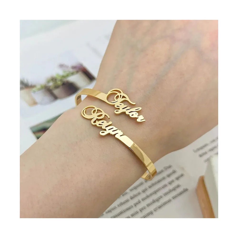 Personalized Double Name Bangle – Dainty Steel Bracelet for Couples - Black & White