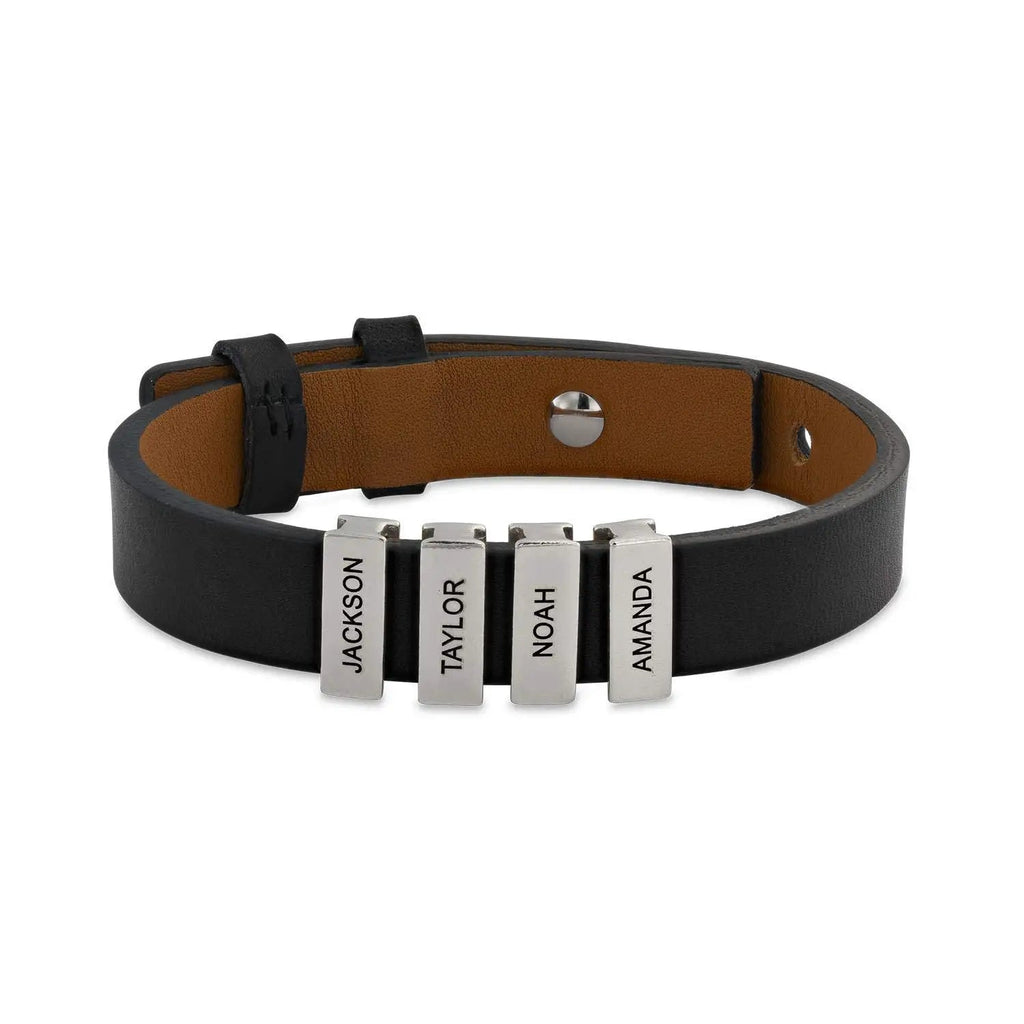 Personalized Leather Bracelet – Custom Steel Beads Gift for Fathers - Black & White