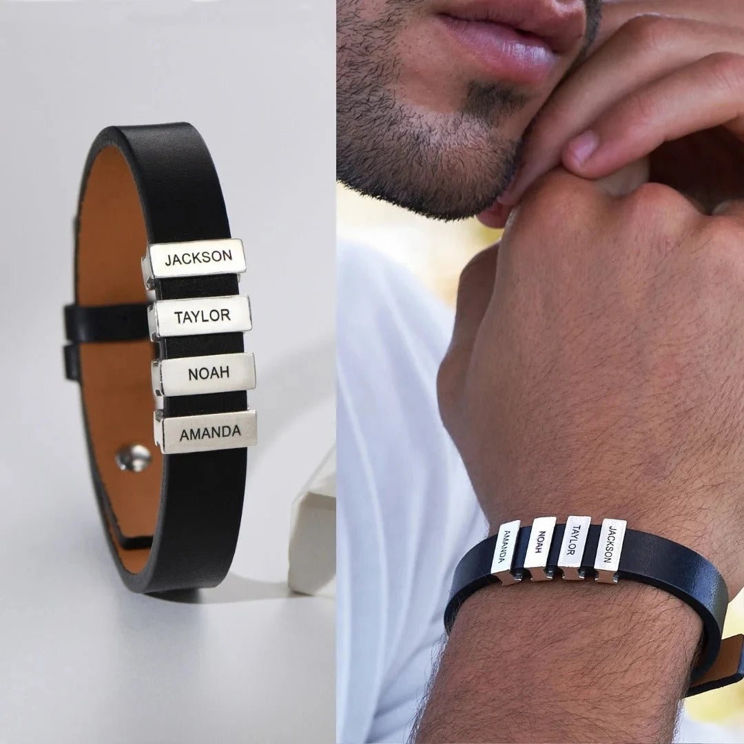 Personalized Leather Bracelet – Custom Steel Beads Gift for Fathers - Black & White