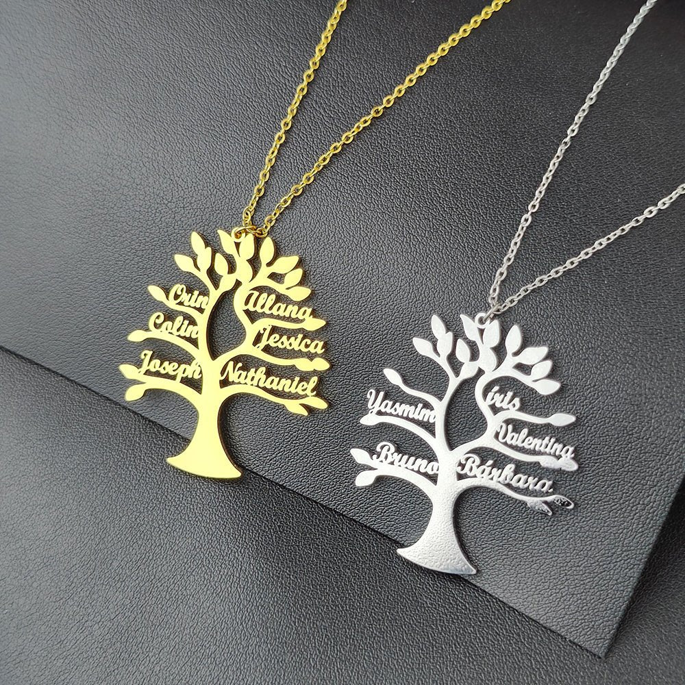 Personalized Tree of Life Pendant – Stainless Steel Family Necklace - Black & White
