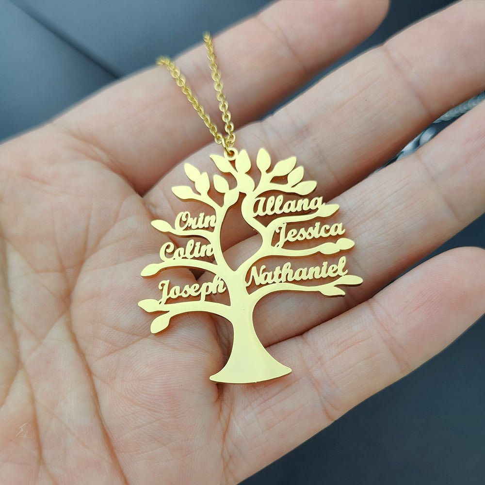 Personalized Tree of Life Pendant – Stainless Steel Family Necklace - Black & White
