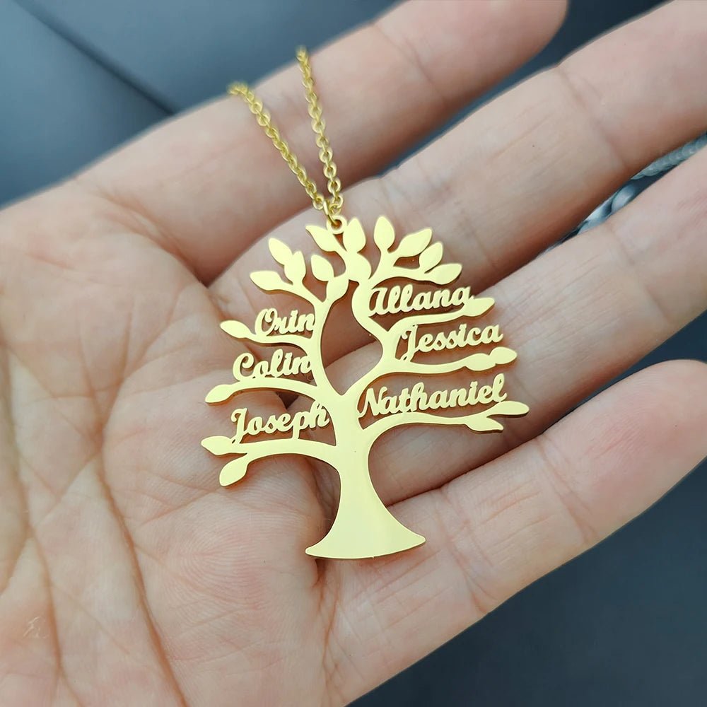 Personalized Tree of Life Pendant – Stainless Steel Family Necklace - Black & White