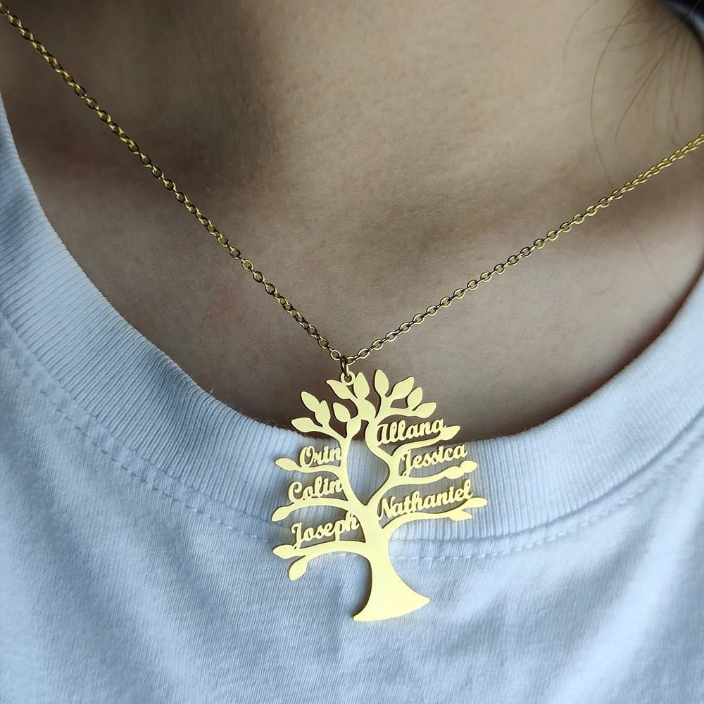 Personalized Tree of Life Pendant – Stainless Steel Family Necklace - Black & White