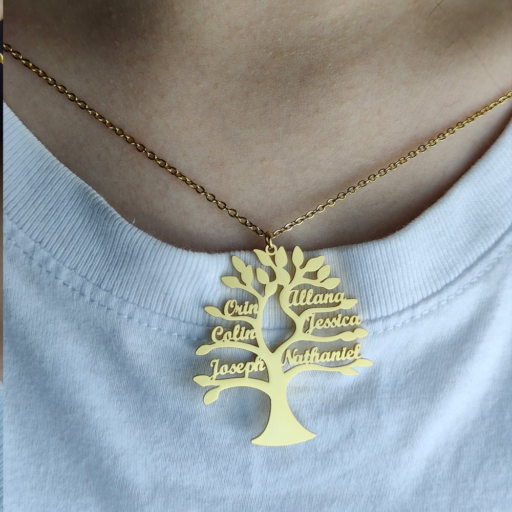 Personalized Tree of Life Pendant – Stainless Steel Family Necklace - Black & White
