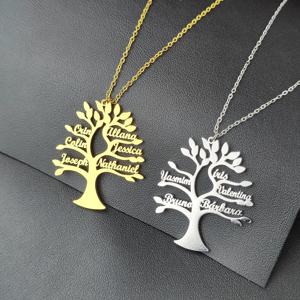 Personalized Tree of Life Pendant – Stainless Steel Family Necklace - Black & White