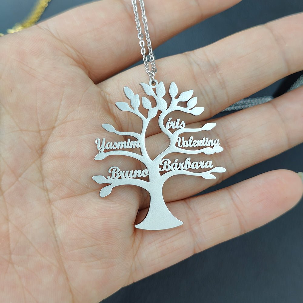 Personalized Tree of Life Pendant – Stainless Steel Family Necklace - Black & White