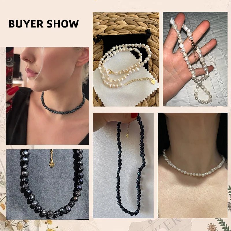 Real Natural Baroque Freshwater Pearl Choker Necklace for Women Girl Gift Popular AA 5 - 6mm 8 - 9mm Pearl Jewelry Necklace - Black & White