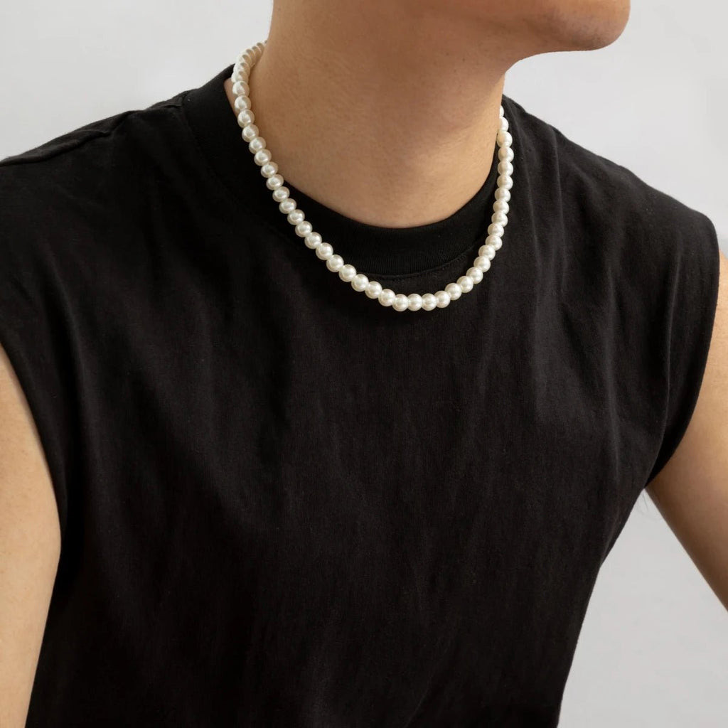 Trendy Beaded Imitation Pearl Short Choker Necklace Men Simple Handmade Strand Beads Chain Necklaces 2023 Fashion Jewelry Collar - Black & White