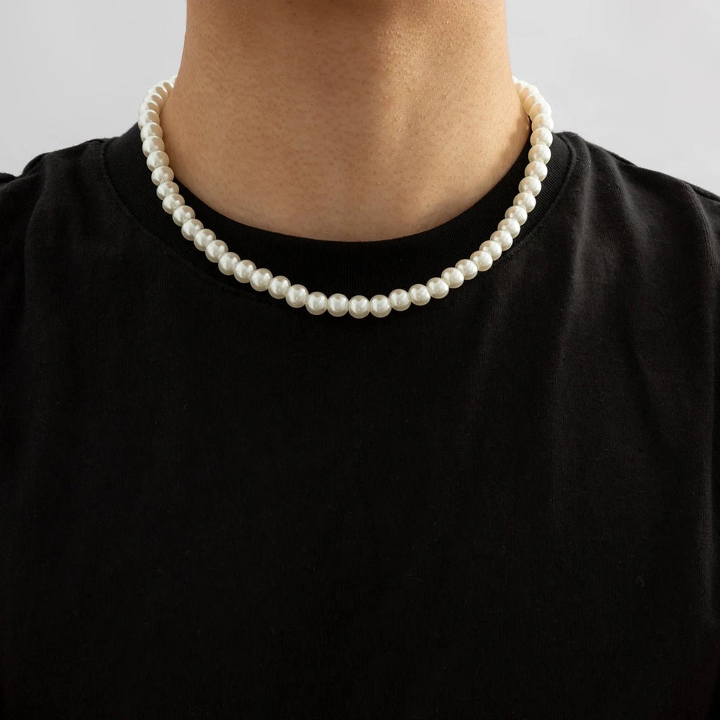 Trendy Beaded Imitation Pearl Short Choker Necklace Men Simple Handmade Strand Beads Chain Necklaces 2023 Fashion Jewelry Collar - Black & White