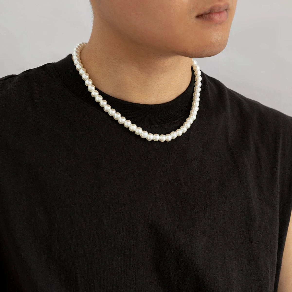 Trendy Beaded Imitation Pearl Short Choker Necklace Men Simple Handmade Strand Beads Chain Necklaces 2023 Fashion Jewelry Collar - Black & White