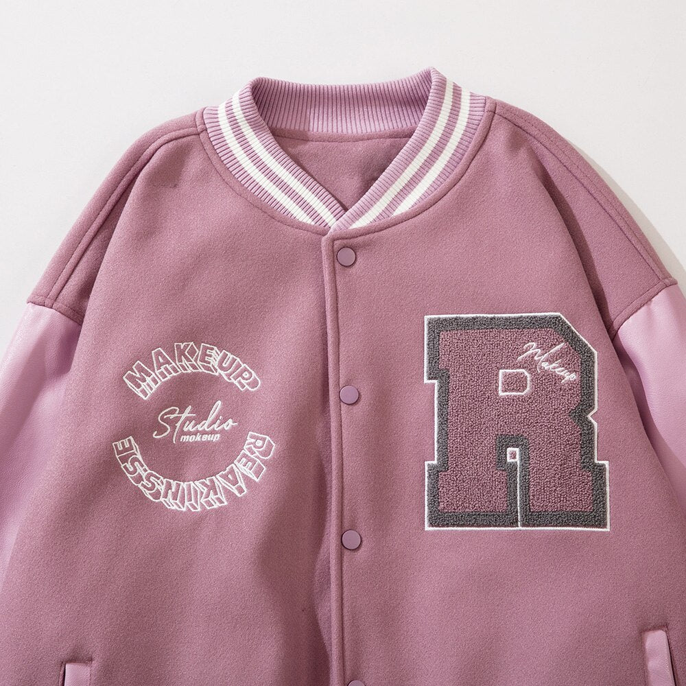 Varsity Jacket Men Leather Patchwork Letter Patch Baseball Coats Harajuku All - match Casual College Style Bomber Outwear - Black & White