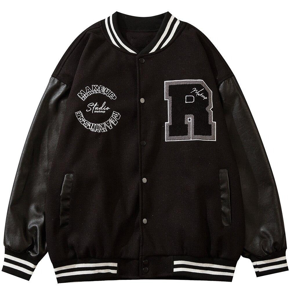 Varsity Jacket Men Leather Patchwork Letter Patch Baseball Coats Harajuku All - match Casual College Style Bomber Outwear - Black & White