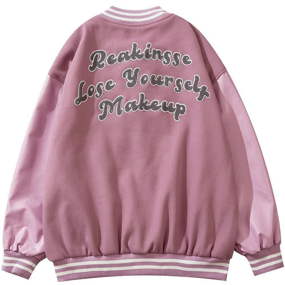 Varsity Jacket Men Leather Patchwork Letter Patch Baseball Coats Harajuku All - match Casual College Style Bomber Outwear - Black & White