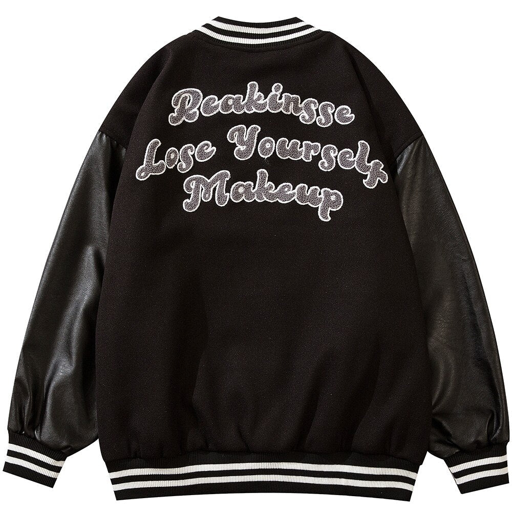 Varsity Jacket Men Leather Patchwork Letter Patch Baseball Coats Harajuku All - match Casual College Style Bomber Outwear - Black & White
