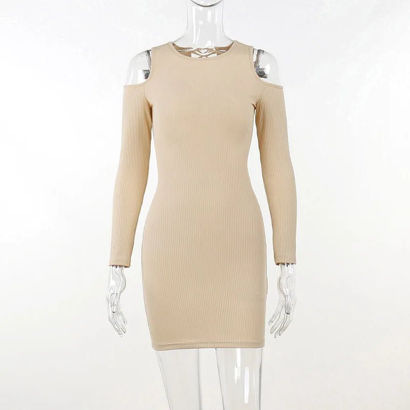 WY9010 Fall Clothing New Arrivals Women Long Sleeve Bodycon Tight Short Dress Hollow Knit Casual Dress - Black & White