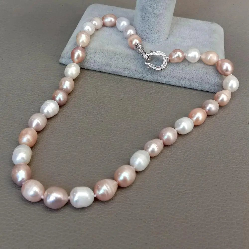 YYGEM natural Freshwater Pearl Pink Purple White Rice Pearl Choker Necklace cz pave clasp For Women Girl Jewelry Gift - Black & White