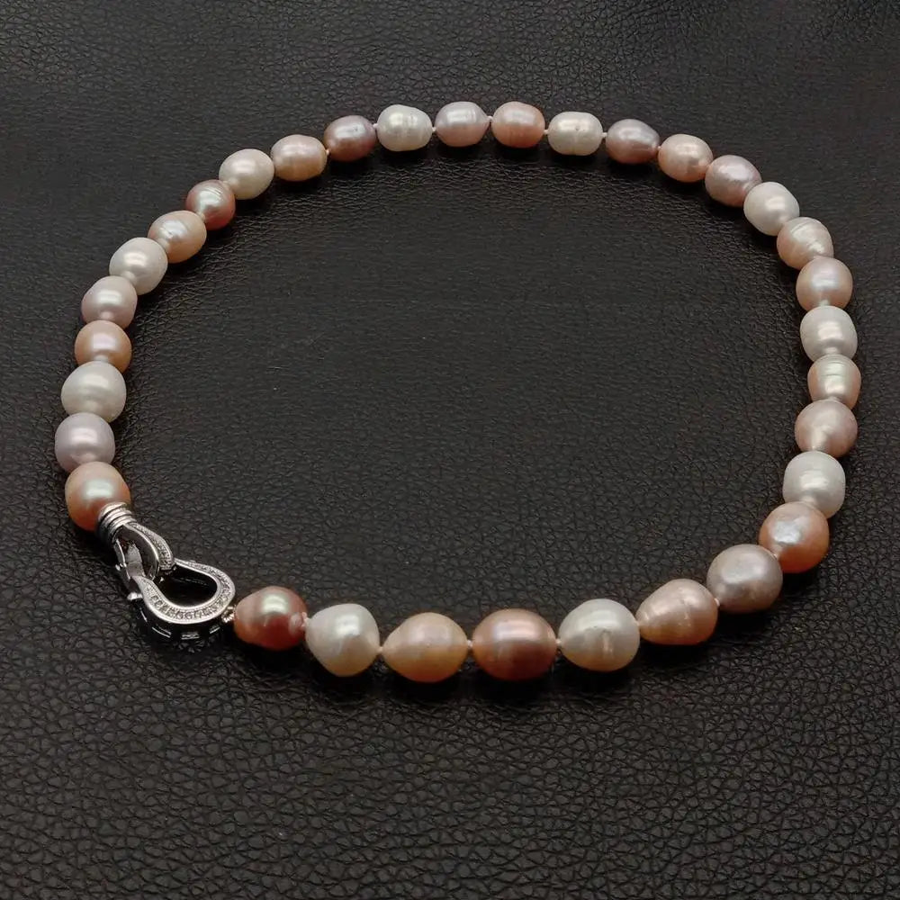 YYGEM natural Freshwater Pearl Pink Purple White Rice Pearl Choker Necklace cz pave clasp For Women Girl Jewelry Gift - Black & White