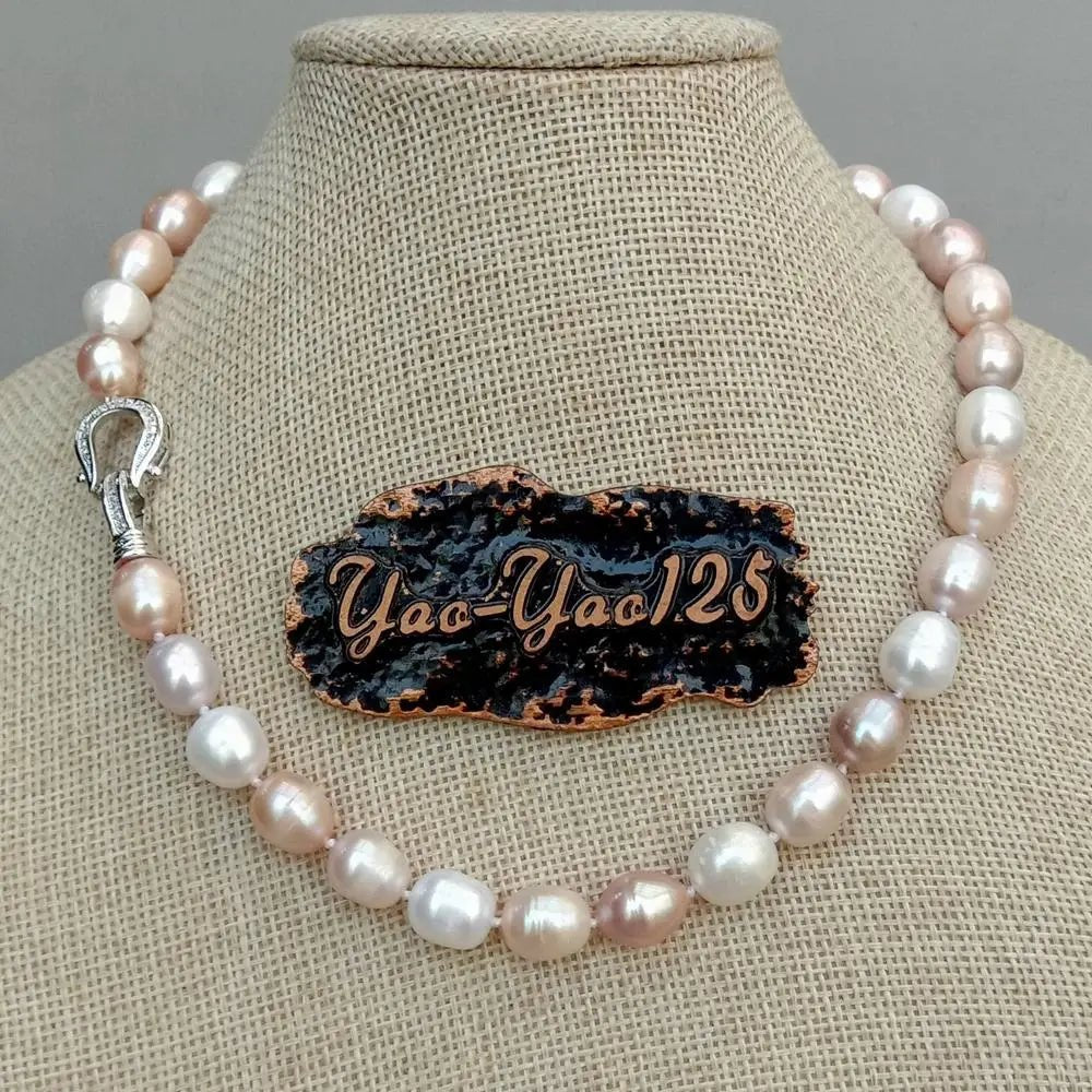 YYGEM natural Freshwater Pearl Pink Purple White Rice Pearl Choker Necklace cz pave clasp For Women Girl Jewelry Gift - Black & White