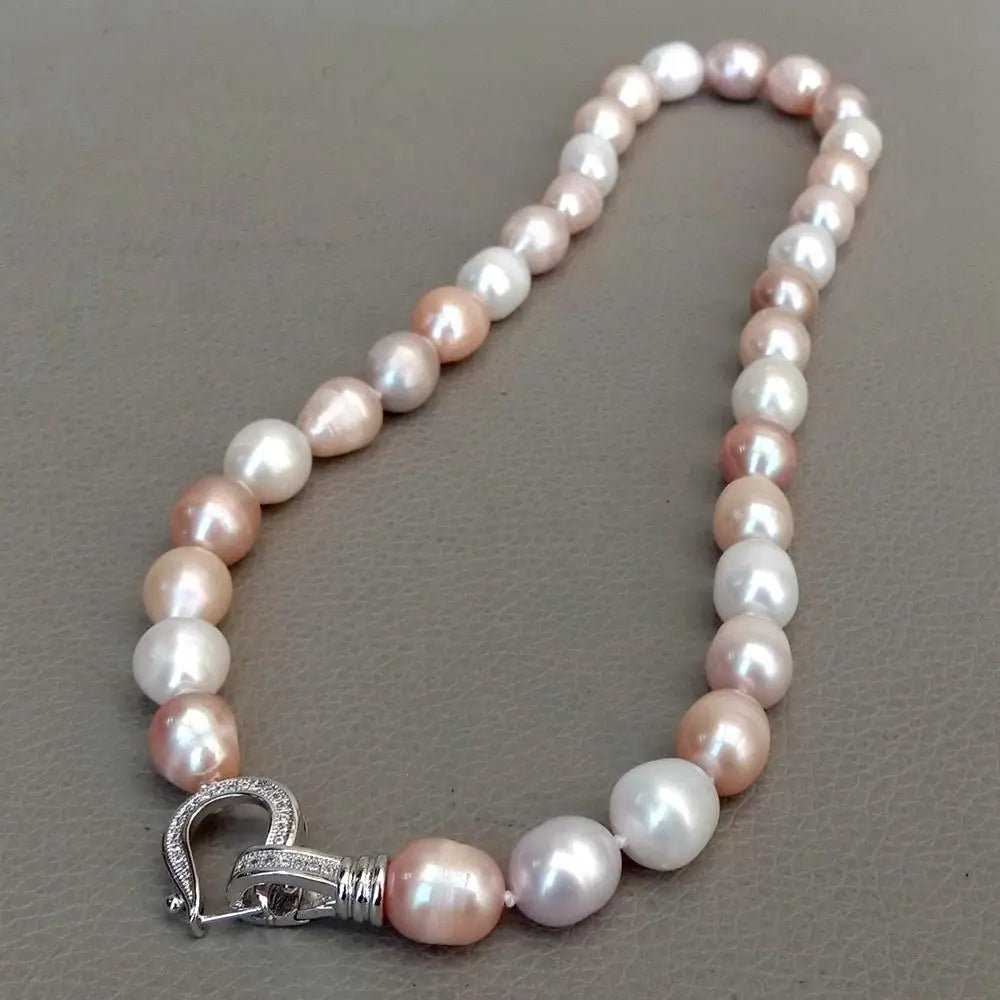 YYGEM natural Freshwater Pearl Pink Purple White Rice Pearl Choker Necklace cz pave clasp For Women Girl Jewelry Gift - Black & White